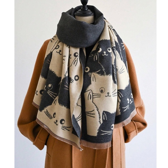 Rouge! Accessories - Cat Print Pattern Grey Beige Shawl Wide Scarf